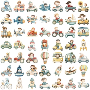 Set of 50 cartoon vehicle stickers with watercolor transport illustrations for kids