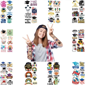 Detail of 2025 graduation temporary tattoos with colorful cartoon patterns and waterproof text