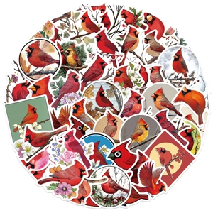 Vivid red cardinal bird stickers in watercolor and cartoon styles for DIY decor