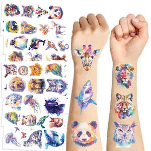 Adesivi per Tatuaggi Temporanei Animali Acquerello per Bambini Adulti Impermeabile Cartone Animato Leone Panda Braccio Viso Arte