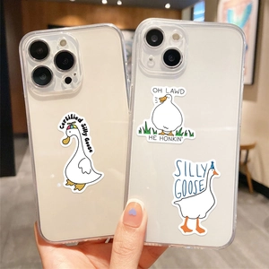 Detail of funny 'Certified Silly Goose' stickers on phone cases for DIY decoration