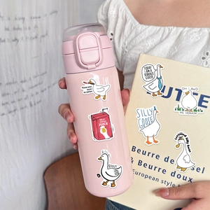 Close-up of cute cartoon goose stickers with funny phrases on a pink water bottle