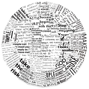 Close-up of assorted black and white motivational phrase stickers arranged in a circular layout