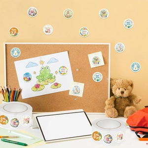 Close-up of Easter bunny stickers on a corkboard showing festive DIY decoration details
