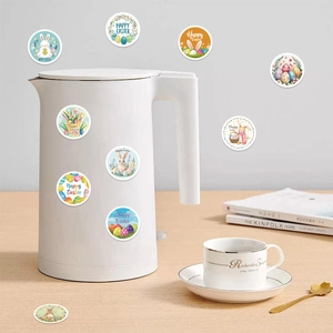 Easter bunny stickers on a white kettle showing home decor usage and festive patterns