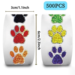 Rouleau de 500 autocollants laser pailletés en forme de pattes colorées de 3cm