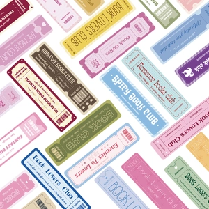 Close-up of retro Book Lovers Club paper bookmarks with colorful vintage ticket designs