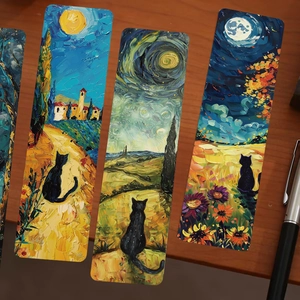Lesezeichen-Set mit Ölgemälde-Katzenmotiven, Sternennacht-Stil und Sonnenblumen auf Holztisch