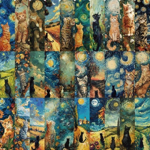 Set aus 30 Lesezeichen mit impressionistischen Katzenmotiven, Sternenhimmel und Sonnenblumen