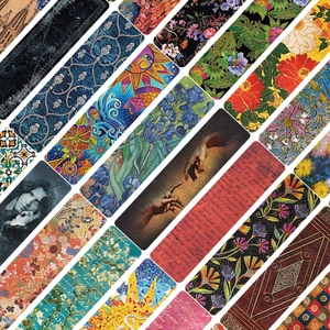 Close-up of vintage art oil painting bookmarks with Van Gogh iris and starry sky motifs