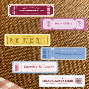 Retro Book Lovers Club vintage bookmark set with artistic designs on woven background