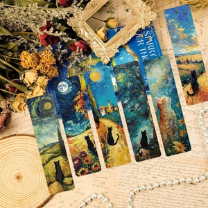 Künstlerische Lesezeichen im Ölgemälde-Stil mit Van-Gogh-Katzenmotiven und Sternennacht