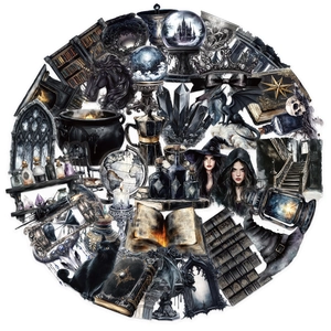 Makroansicht klarer PET-Gothic-Sticker mit schwarzen Katzen und Zauberei-Symbolen