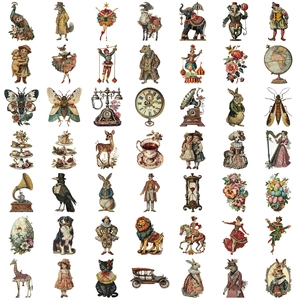 Set da 50 adesivi vittoriani vintage in PET impermeabile con animali antropomorfi