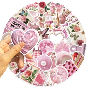 Detail of pink aesthetic stickers featuring 3D heart, rose, and teddy bear patterns