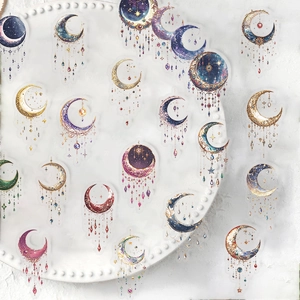 Dreamy transparent PET galaxy moon stickers with decorative beads for journals and laptops