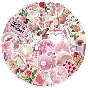 Flat lay of pink aesthetic waterproof stickers with vintage heart, rose, and cat patterns