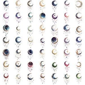 Set of 50 waterproof PET galaxy stickers with moon and dreamcatcher designs for journals