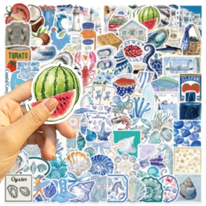 Detail of waterproof Mediterranean aesthetic stickers showing hand-held size and watercolor print