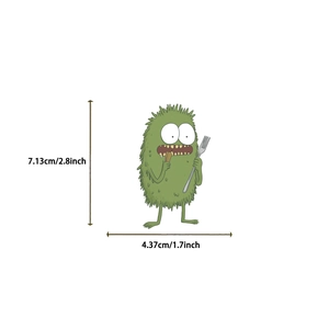 Detail view of a green monster cartoon sticker showing exact 2.8 inch height dimensions