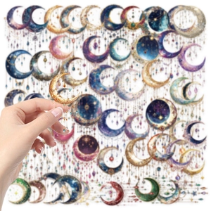 Dreamy galaxy themed moon shaped transparent PET stickers for journals and laptops