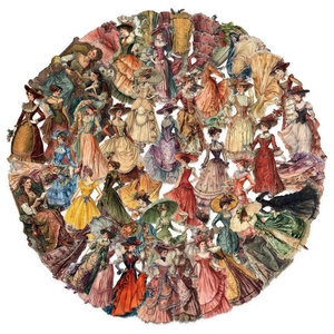 Macro circular layout of vintage PET stickers featuring Victorian style women illustrations