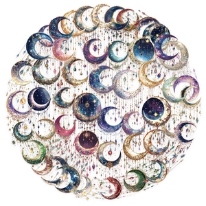 Flat lay of transparent moon galaxy stickers with bohemian star and floral patterns