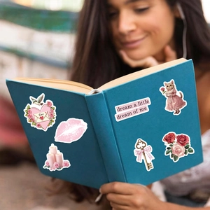 Detail of pink vintage stickers with cats and roses on a book cover for DIY decor