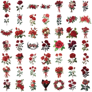 Set of 50 vintage red rose transparent waterproof stickers for journals and laptops