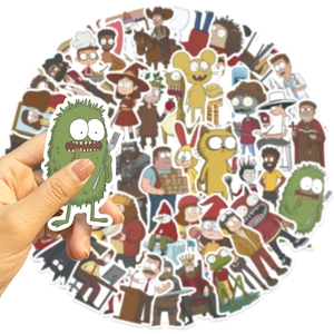 Detailed view of waterproof Rick and Morty PVC stickers for laptop and guitar decoration