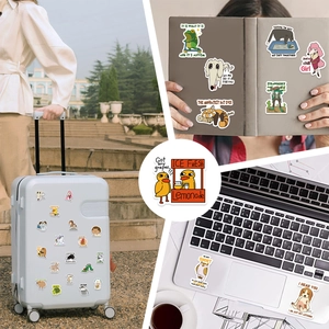 Multi-scenario display of waterproof meme animal stickers on luggage and laptops