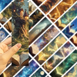 Fantasy boekenleggers set met magische boomhut- en bosillustraties voor het lezen
