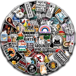 Flat lay of assorted waterproof PVC meme stickers featuring animals and humorous quotes