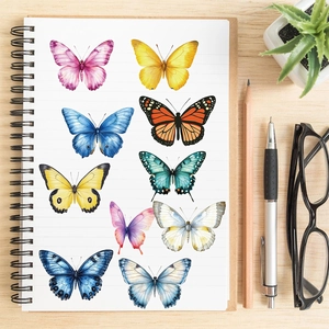 Detailed view of colorful vintage butterfly stickers displayed on a spiral notebook page