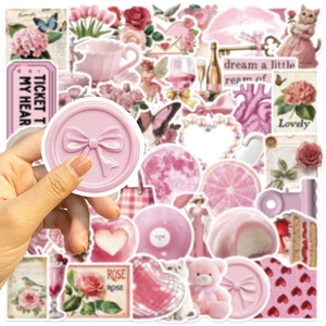 50pcs pink aesthetic stickers with vintage butterfly and floral patterns for DIY decor