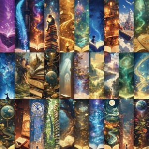 Gedetailleerd raster van 30 creatieve fantasy bladwijzers met magische kastelen en sterren
