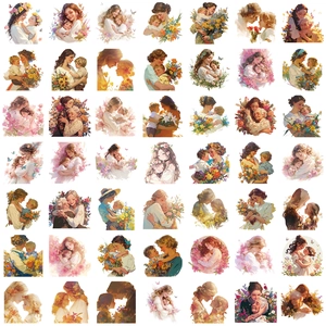 Flat lay of 49 waterproof floral Mother's Day stickers featuring watercolor family scenes