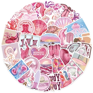 Detailed view of pink coastal cowboy waterproof stickers with sea shells and boots