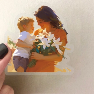Detailed view of a Mother's Day PET sticker showing a warm hug and floral bouquet