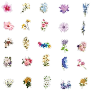 Flat lay of 25 floral stickers including roses and daisies for DIY crafts and laptop decor