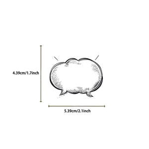 Detail view of monochrome bubble sticker with precise dimensions 4.39cm and 5.39cm