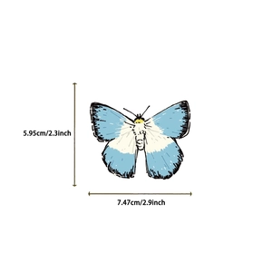 Blue butterfly cartoon sticker size specifications showing 5.95cm height and 7.47cm width