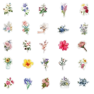 Matrix layout of 25 unique watercolor floral stickers with precise white die-cut borders