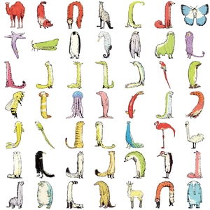 Vibrant alphabet stickers set featuring creative hand-drawn animal shapes on white background