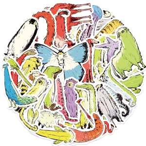 Close-up of assorted waterproof animal stickers for DIY guitar and laptop decoration