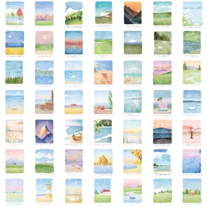50 pieces of transparent waterproof PET stickers featuring scenic watercolor landscape art