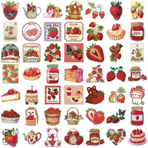 50 pieces of vintage strawberry stickers for DIY laptops and guitars in retro art style