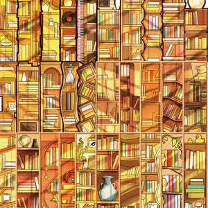 Detail van gezellige boekenkast-illustraties met planten en vintage artikelen