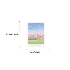 Detailed size view of 5.51cm x 4cm watercolor landscape sticker with motivational quote