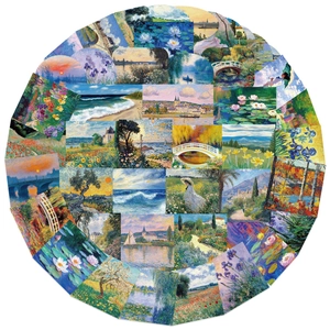 Radial arrangement of 50 impressionist oil painting stickers with natural scenery motifs